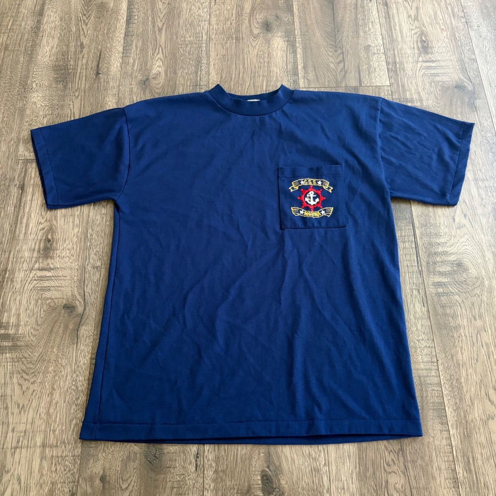Cristin Stevens Pocket T-Shirt Mens Large Navy Blue Excellent Vintage Nautical